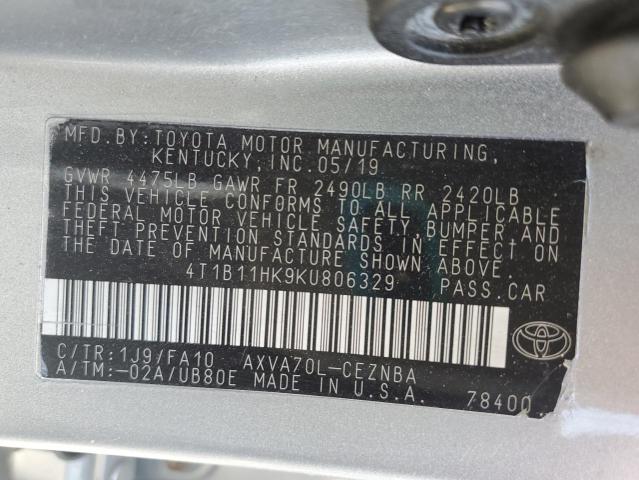 4T1B11HK9KU806329 - 2019 TOYOTA CAMRY L Gümüş fotoğraf 12