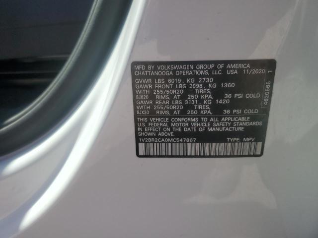 1V2BR2CA0MC547867 - 2021 VOLKSWAGEN ATLAS SEL 白色 照片 13