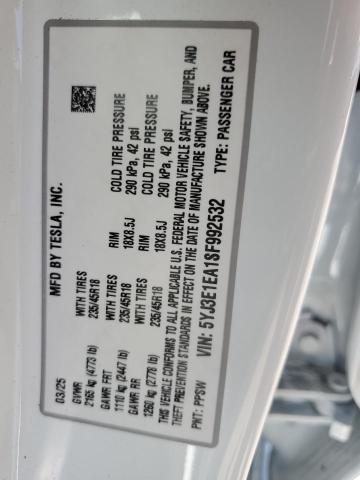 5YJ3E1EA1SF992532 - 2025 TESLA MODEL 3 WHITE photo 12