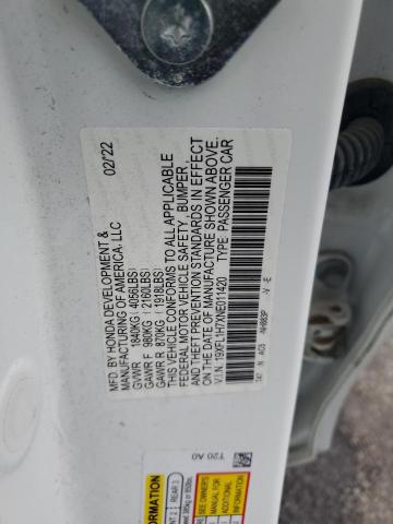 19XFL1H7XNE011420 - 2022 HONDA CIVIC EXL WHITE photo 12
