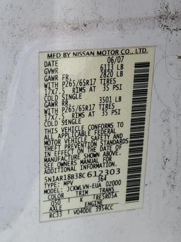 5N1AR18B38C612303 - 2008 NISSAN PATHFINDER S WHITE photo 13