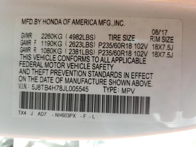 5J8TB4H78JL005545 - 2018 ACURA RDX ADVANCE WHITE photo 13