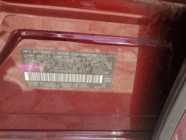 JTHBJ46G282207876 - 2008 LEXUS ES 350 BURGUNDY photo 12