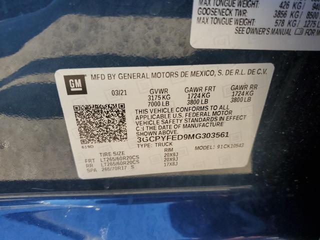 3GCPYFED9MG303561 - 2021 CHEVROLET SILVERADO K1500 LT TRAIL BOSS BLUE photo 10