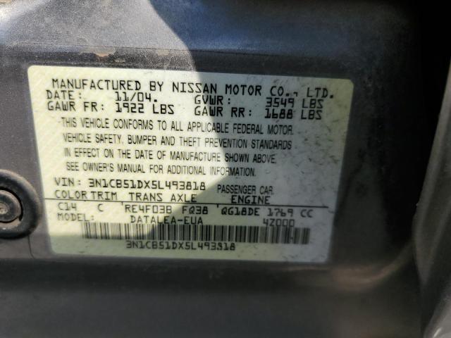 3N1CB51DX5L493818 - 2005 NISSAN SENTRA 1.8 GRAY photo 10