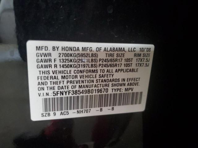 5FNYF38549B019670 - 2009 HONDA PILOT EXL BLACK photo 13