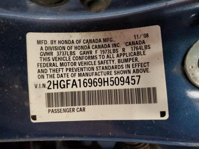 2HGFA16969H509457 - 2009 HONDA CIVIC EXL BLUE photo 12