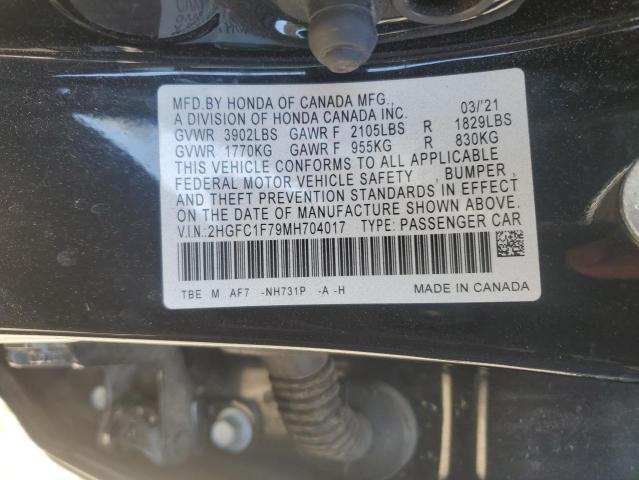 2HGFC1F79MH704017 - 2021 HONDA CIVIC EXL BLACK photo 12