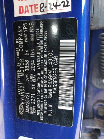 KMHLP4AG9MU143101 - 2021 HYUNDAI ELANTRA LIMITED BLUE photo 12