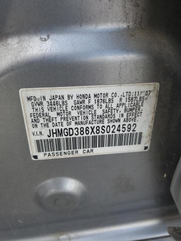 JHMGD386X8S024592 - 2008 HONDA FIT SPORT SILVER photo 12