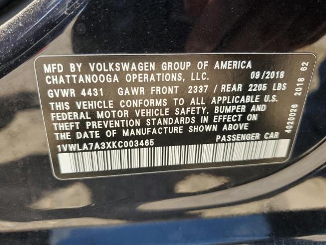 1VWLA7A3XKC003465 - 2019 VOLKSWAGEN PASSAT WOLFSBURG 黑色 照片 12