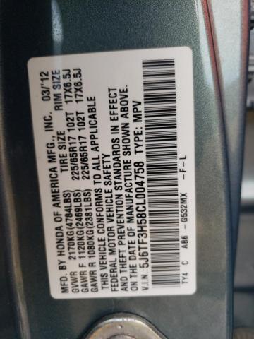 5J6TF3H58CL004758 - 2012 HONDA CROSSTOUR EXL ტურკოუსი ფოტო 12