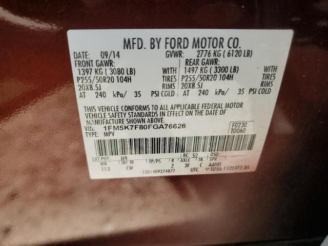 1FM5K7F80FGA76626 - 2015 FORD EXPLORER LIMITED BROWN photo 12