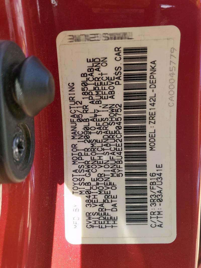 5YFBU4EE2CP045752 - 2012 TOYOTA COROLLA BASE წითელი ფოტო 12