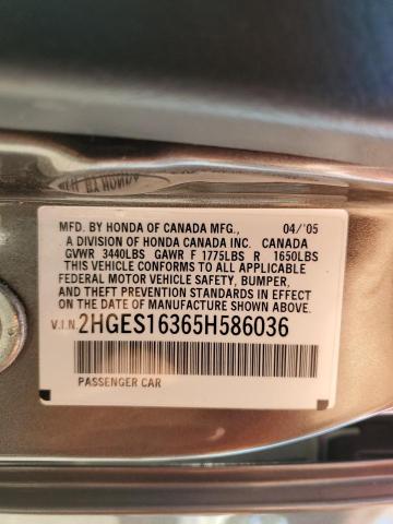 2HGES16365H586036 - 2005 HONDA CIVIC DX VP GRAY photo 12