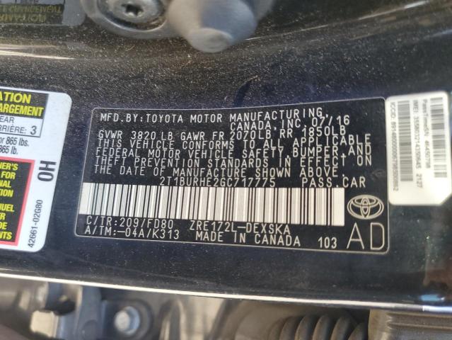 2T1BURHE2GC717775 - 2016 TOYOTA COROLLA L შავი ფოტო 13