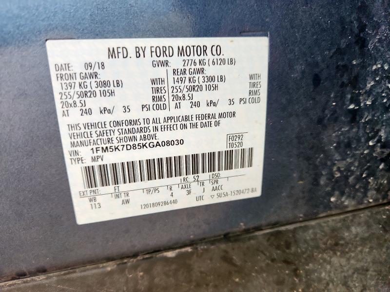 1FM5K7D85KGA08030 - 2019 FORD EXPLORER XLT Bleu photo 13