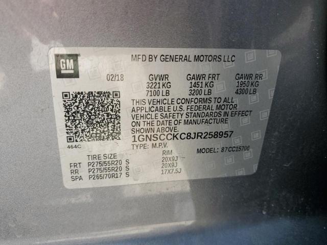 1GNSCCKC8JR258957 - 2018 CHEVROLET TAHOE C1500 PREMIER GRAY photo 13