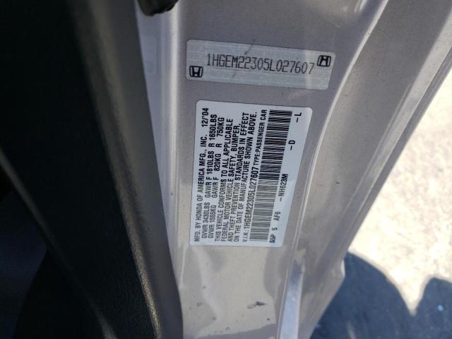 1HGEM22305L027607 - 2005 HONDA CIVIC DX VP SILVER photo 12