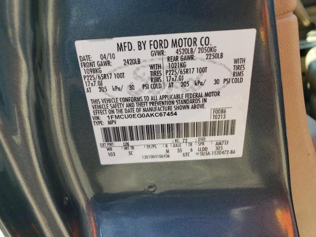 1FMCU0EG0AKC67454 - 2010 FORD ESCAPE LIMITED BLUE photo 12