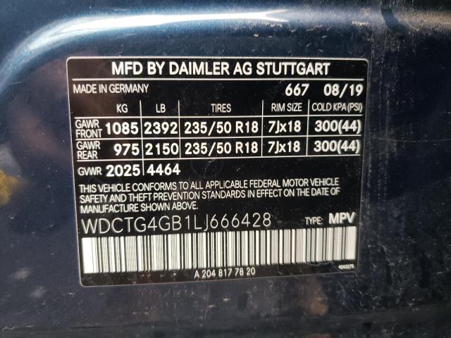 WDCTG4GB1LJ666428 - 2020 MERCEDES-BENZ GLA 250 4MATIC BLUE photo 10