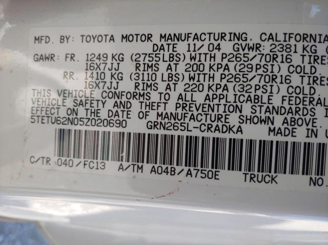 5TETU62N05Z020690 - 2005 TOYOTA TACOMA PRERUNNER ACCESS CAB WHITE photo 10