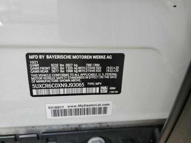 5UXCR6C0XN9J93065 - 2022 BMW X5 XDRIVE40I WHITE photo 13