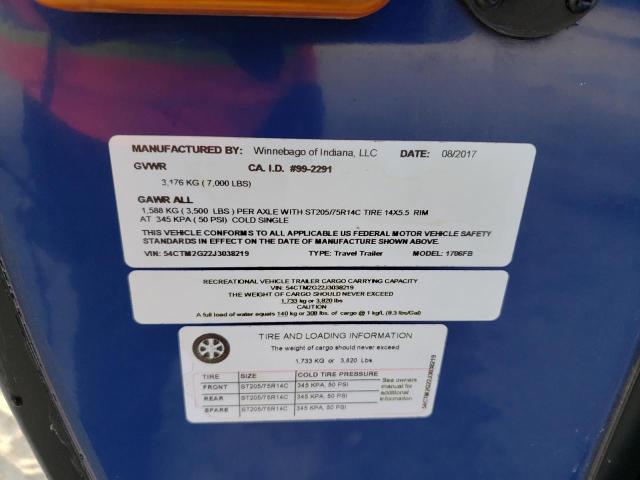 54CTM2G22J3038219 - 2018 WINNEBAGO TRAVELTRLR BLUE photo 10