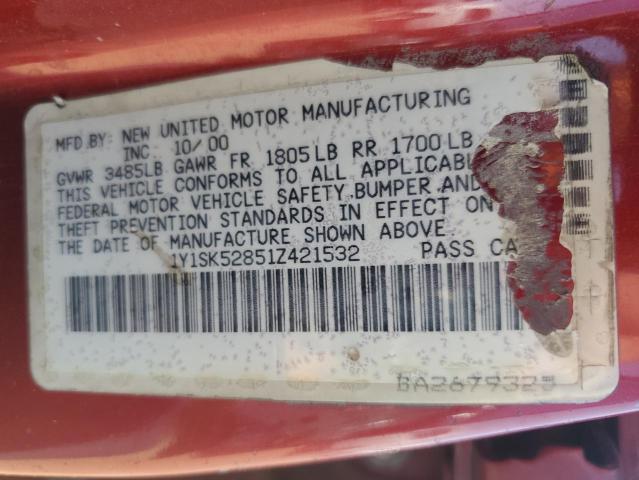 1Y1SK52851Z421532 - 2001 CHEVROLET GEO PRIZM BASE RED photo 12