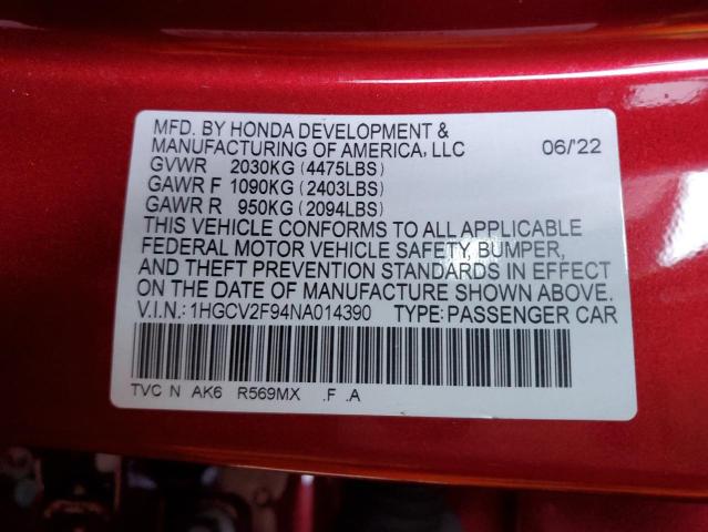 1HGCV2F94NA014390 - 2022 HONDA ACCORD TOURING BURGUNDY photo 12