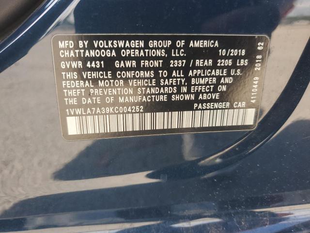 1VWLA7A39KC004252 - 2019 VOLKSWAGEN PASSAT WOLFSBURG Azul foto 12