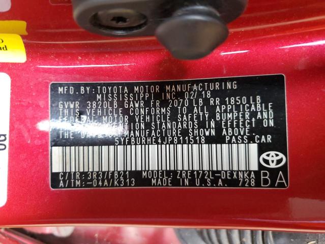 5YFBURHE4JP811518 - 2018 TOYOTA COROLLA L RED photo 12