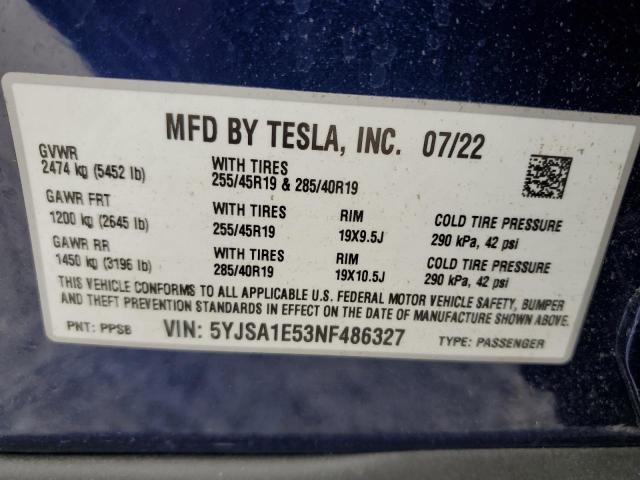 5YJSA1E53NF486327 - 2022 TESLA MODEL S Կապույտ լուսանկար 10