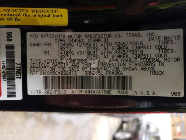 5TFJU4GN5CX022413 - 2012 TOYOTA TACOMA DOUBLE CAB PRERUNNER BLACK photo 12