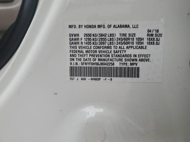 5FNYF6H56JB042258 - 2018 HONDA PILOT EXL WHITE photo 13