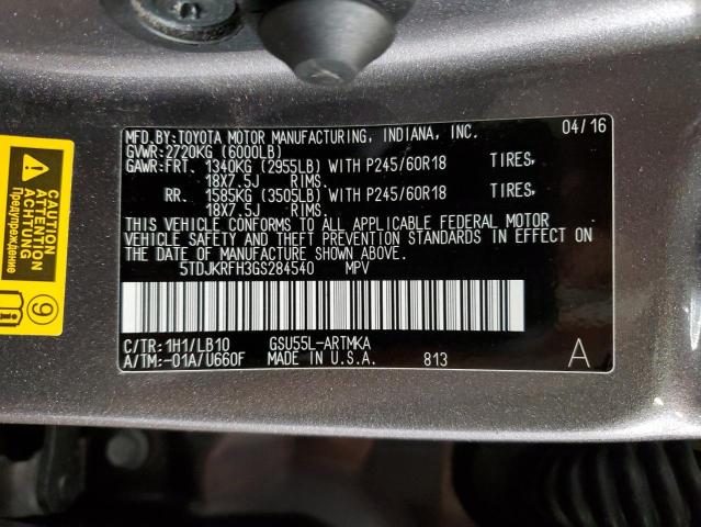 5TDJKRFH3GS284540 - 2016 TOYOTA HIGHLANDER XLE GRAY photo 13