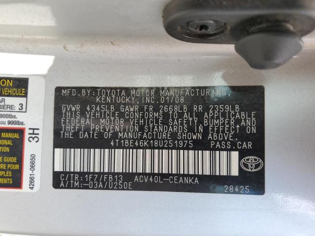 4T1BE46K18U251975 - 2008 TOYOTA CAMRY CE SILVER photo 12