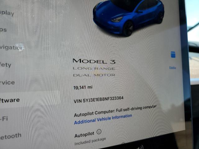 5YJ3E1EB8NF323364 - 2022 TESLA MODEL 3 BLUE photo 9