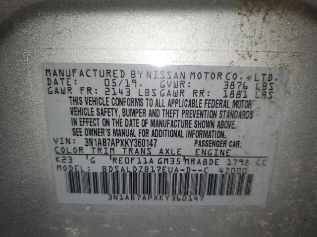 3N1AB7APXKY360147 - 2019 NISSAN SENTRA S SILVER photo 12