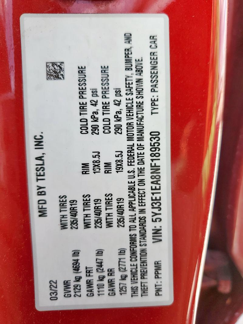 5YJ3E1EA8NF189530 - 2022 TESLA MODEL 3 RED photo 13