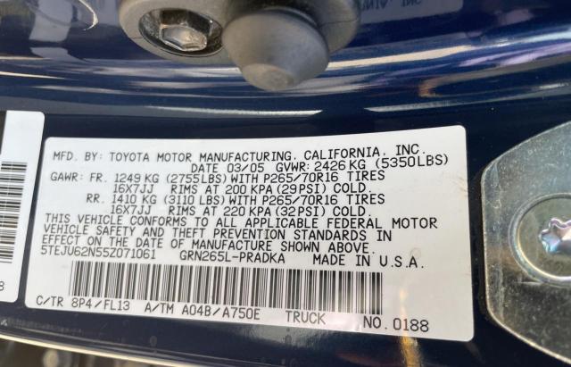 5TEJU62N55Z071061 - 2005 TOYOTA TACOMA DOUBLE CAB PRERUNNER BLUE photo 10