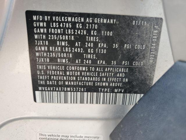 WVGAV7AX7BW537261 - 2011 VOLKSWAGEN TIGUAN S SILVER photo 13