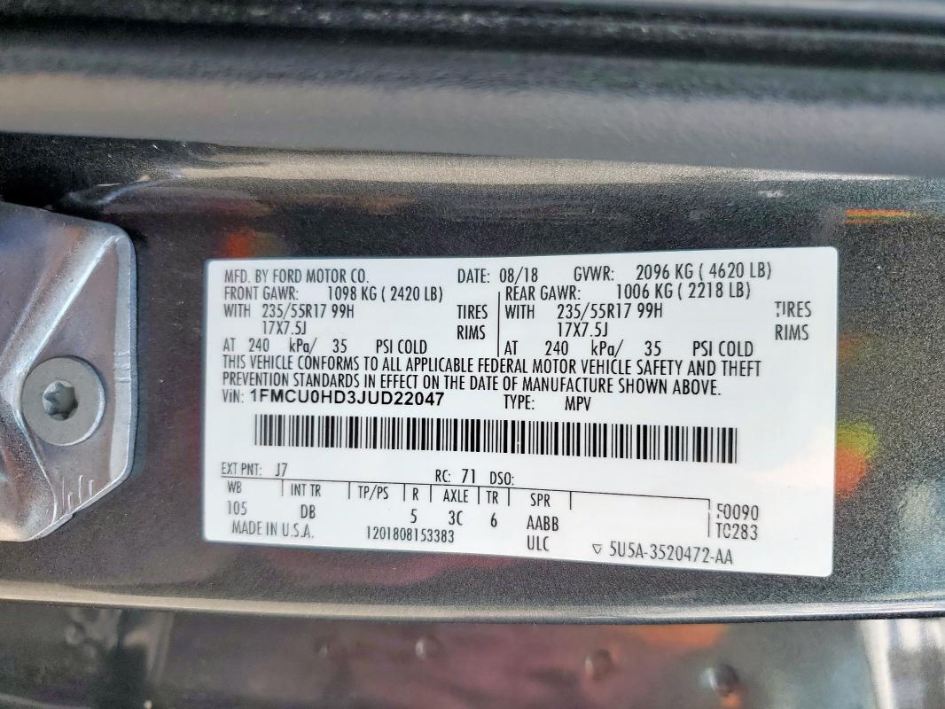 1FMCU0HD3JUD22047 - 2018 FORD ESCAPE SEL შავი ფოტო 14