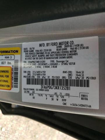 3FA6P0G73KR135281 - 2019 FORD FUSION S SILVER photo 12