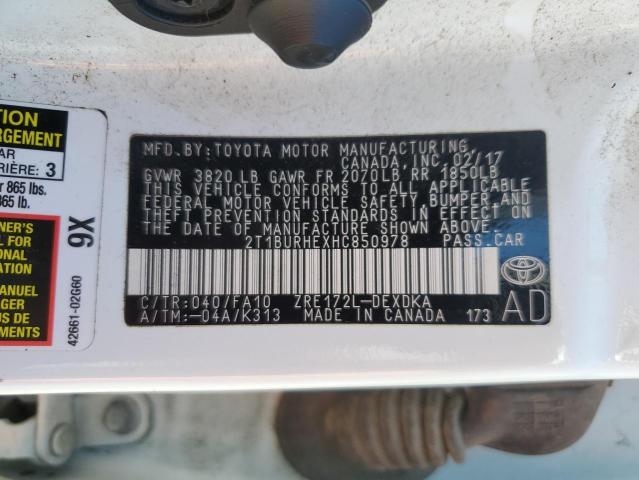 2T1BURHEXHC850978 - 2017 TOYOTA COROLLA L WHITE photo 12