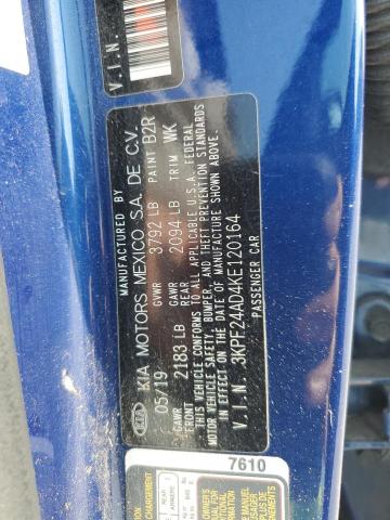 3KPF24AD4KE120164 - 2019 KIA FORTE FE BLUE photo 12