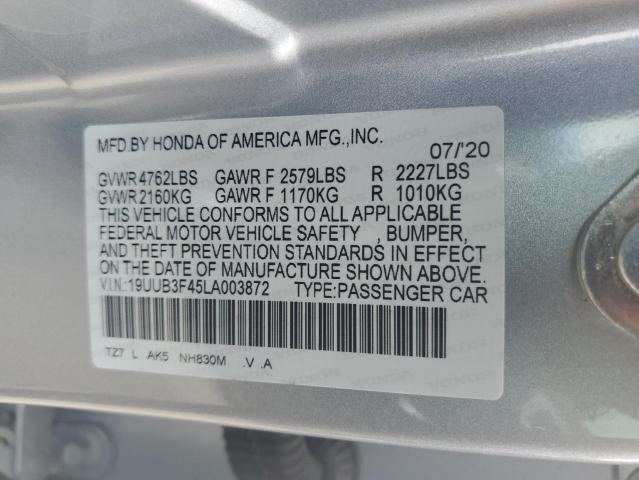 19UUB3F45LA003872 - 2020 ACURA TLX TECHNOLOGY SILVER photo 12