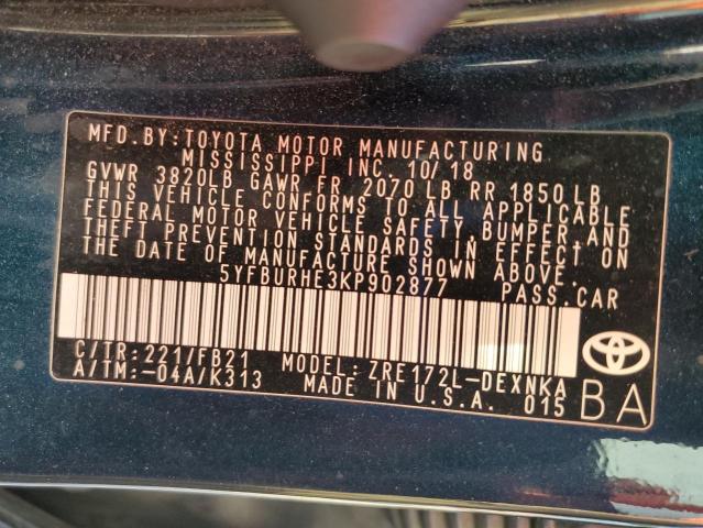 5YFBURHE3KP902877 - 2019 TOYOTA COROLLA L BLACK photo 12