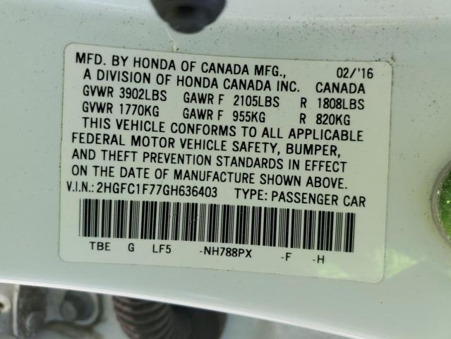 2HGFC1F77GH636403 - 2016 HONDA CIVIC EXL WHITE photo 12