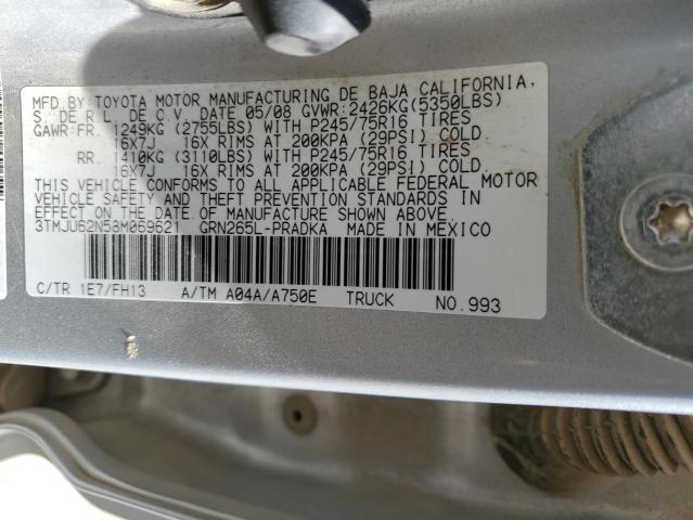 3TMJU62N58M069621 - 2008 TOYOTA TACOMA DOUBLE CAB PRERUNNER SILVER photo 12